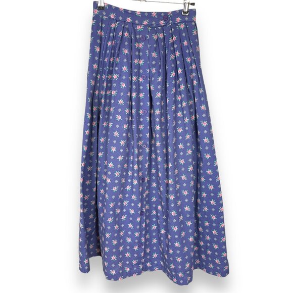 Vintage Floral Skirt Purple Midi Button-Up Roses Cotton Cottagecore Modest Retro - Picture 1 of 12